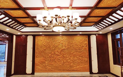 宝安中式别墅客厅中式木作横梁吊顶装饰展示
